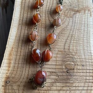 Handcrafted Red Brown Carnelian Beaded Necklace with Vintage Brass Chain